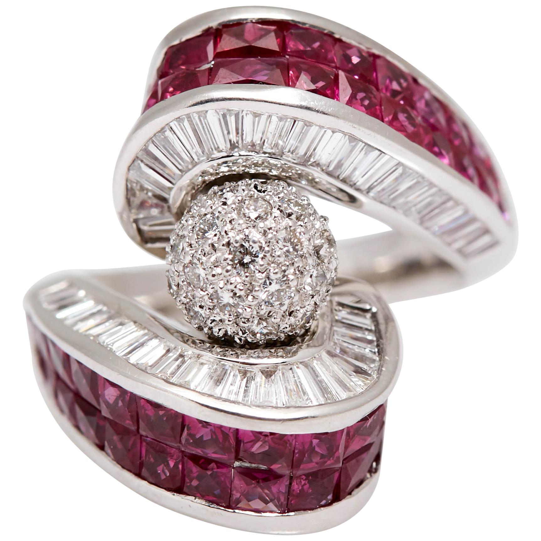 Invisible Set Ruby and Diamond Ring For Sale