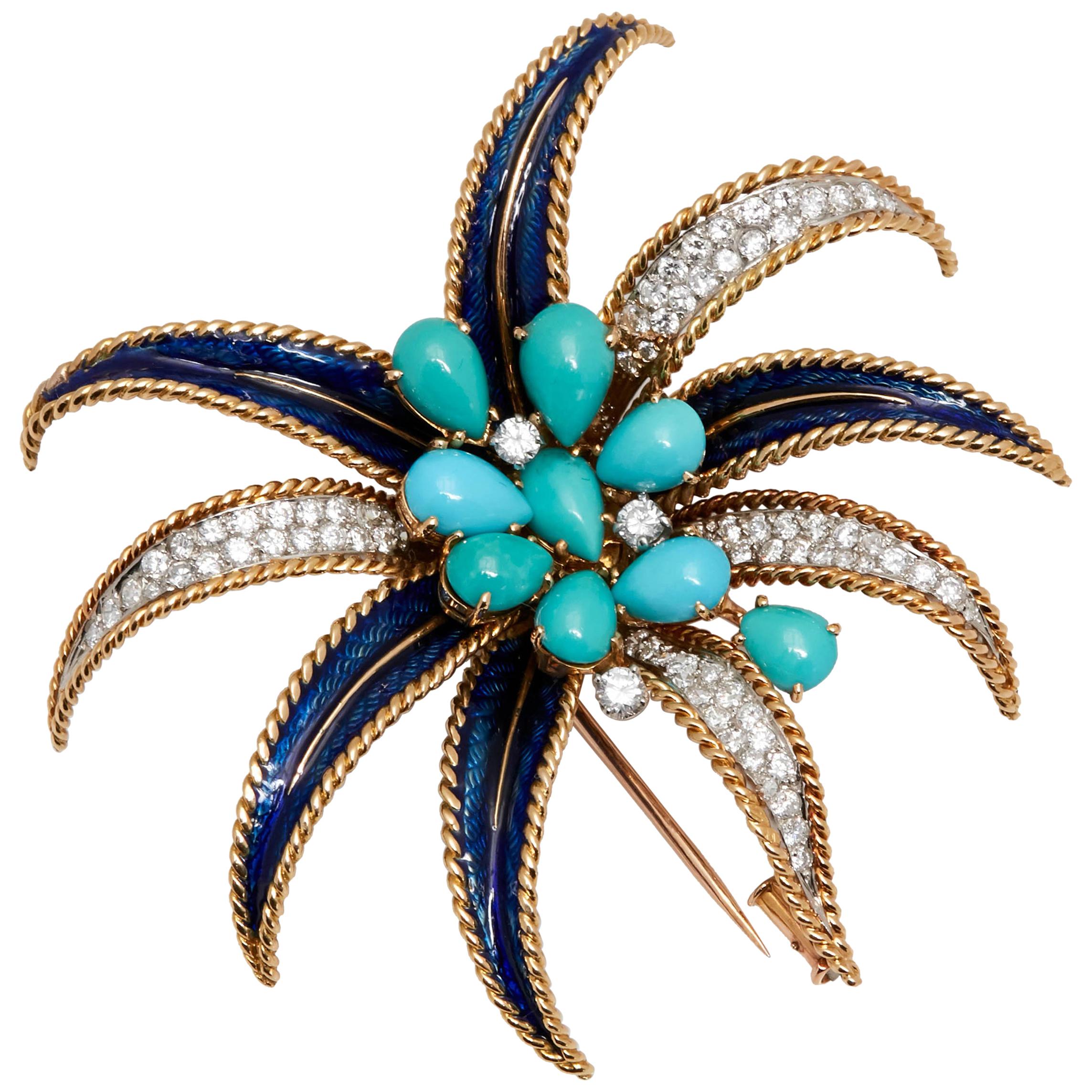 Bulgari Unusual Turquoise Diamond Palm Tree Brooch For Sale