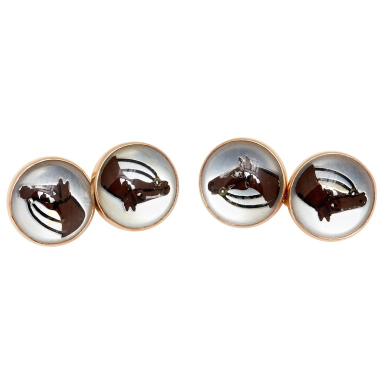 Enamel and Gold Horse Cufflinks For Sale