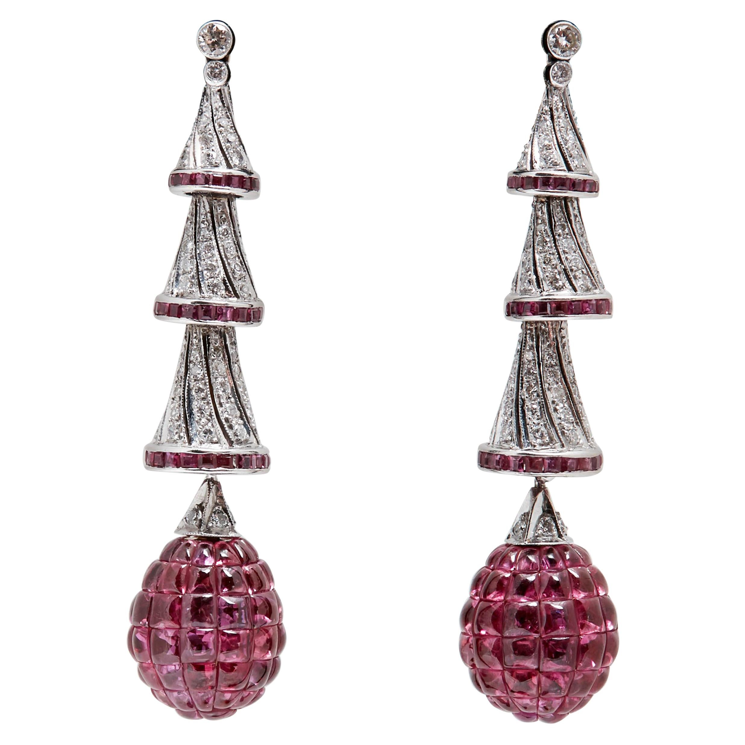 Invisible Set Rubies Diamonds Ear-Pendants For Sale