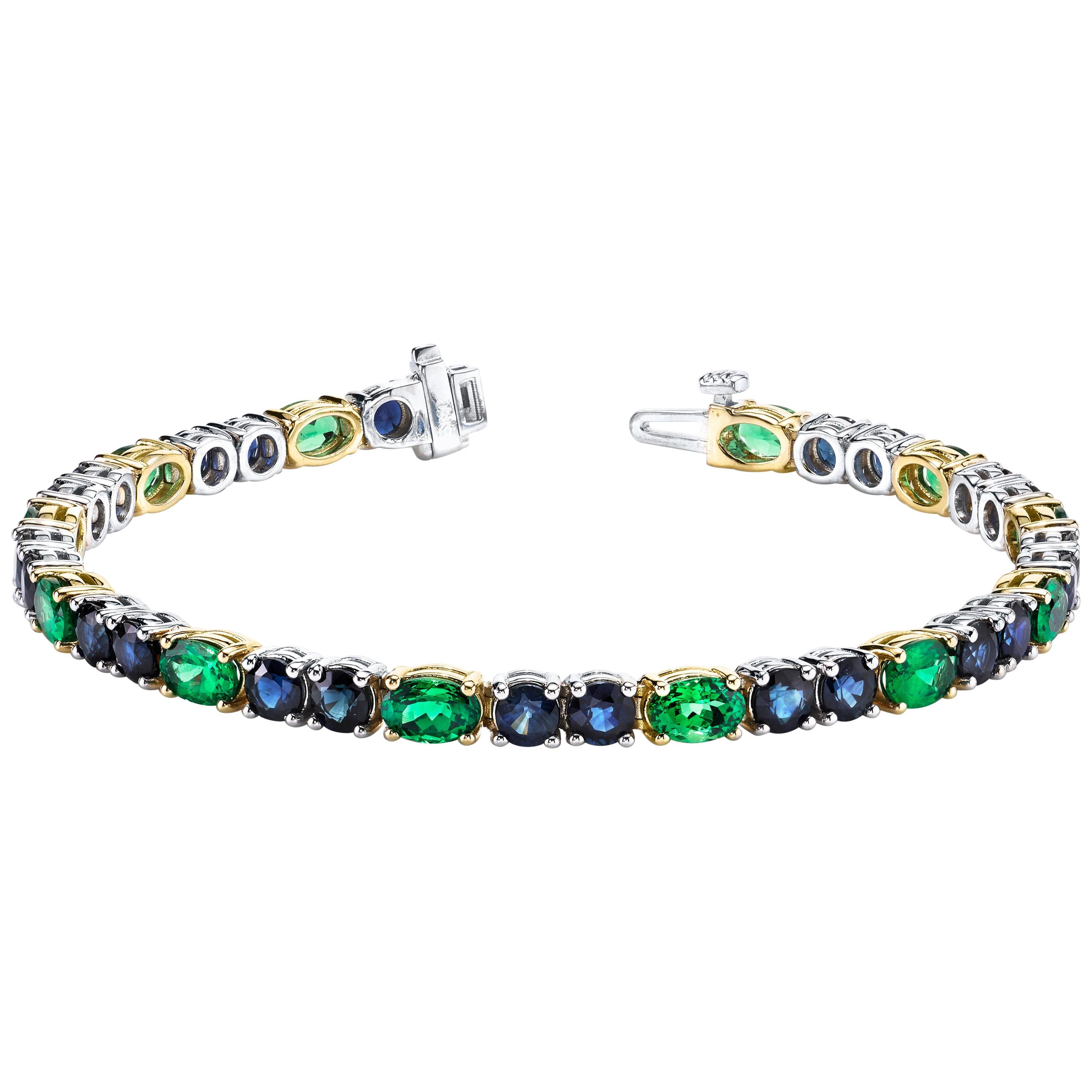 Blue Sapphire & Green Tsavorite Garnet, Yellow and White Gold Tennis Bracelet For Sale
