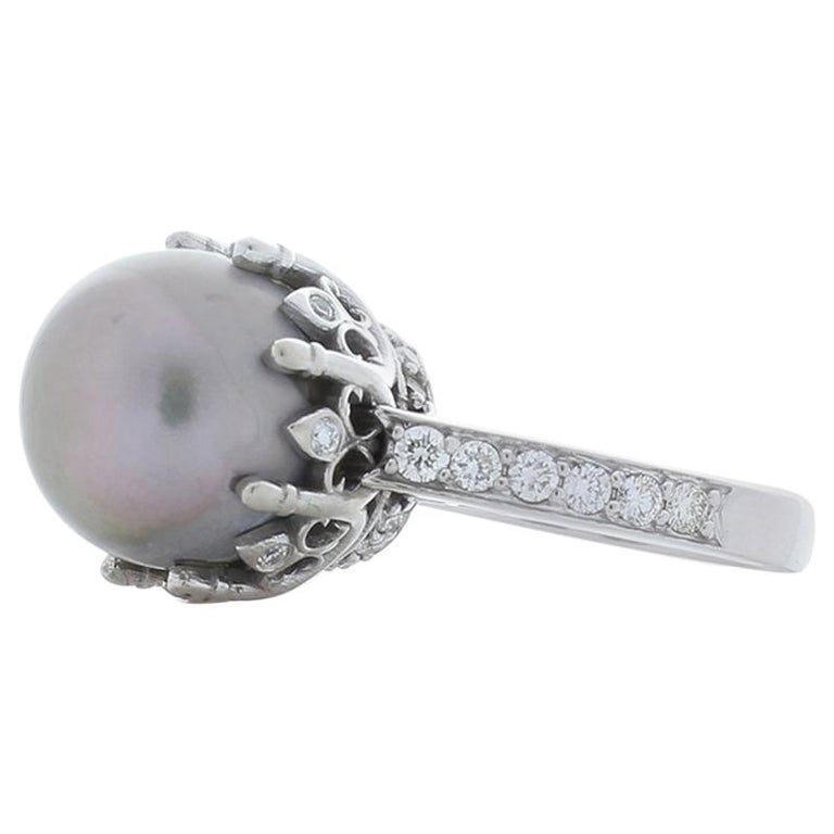 Tahitian Black Pearl and Diamond White Gold Cocktail Ring For Sale at  1stDibs | black pearl rings