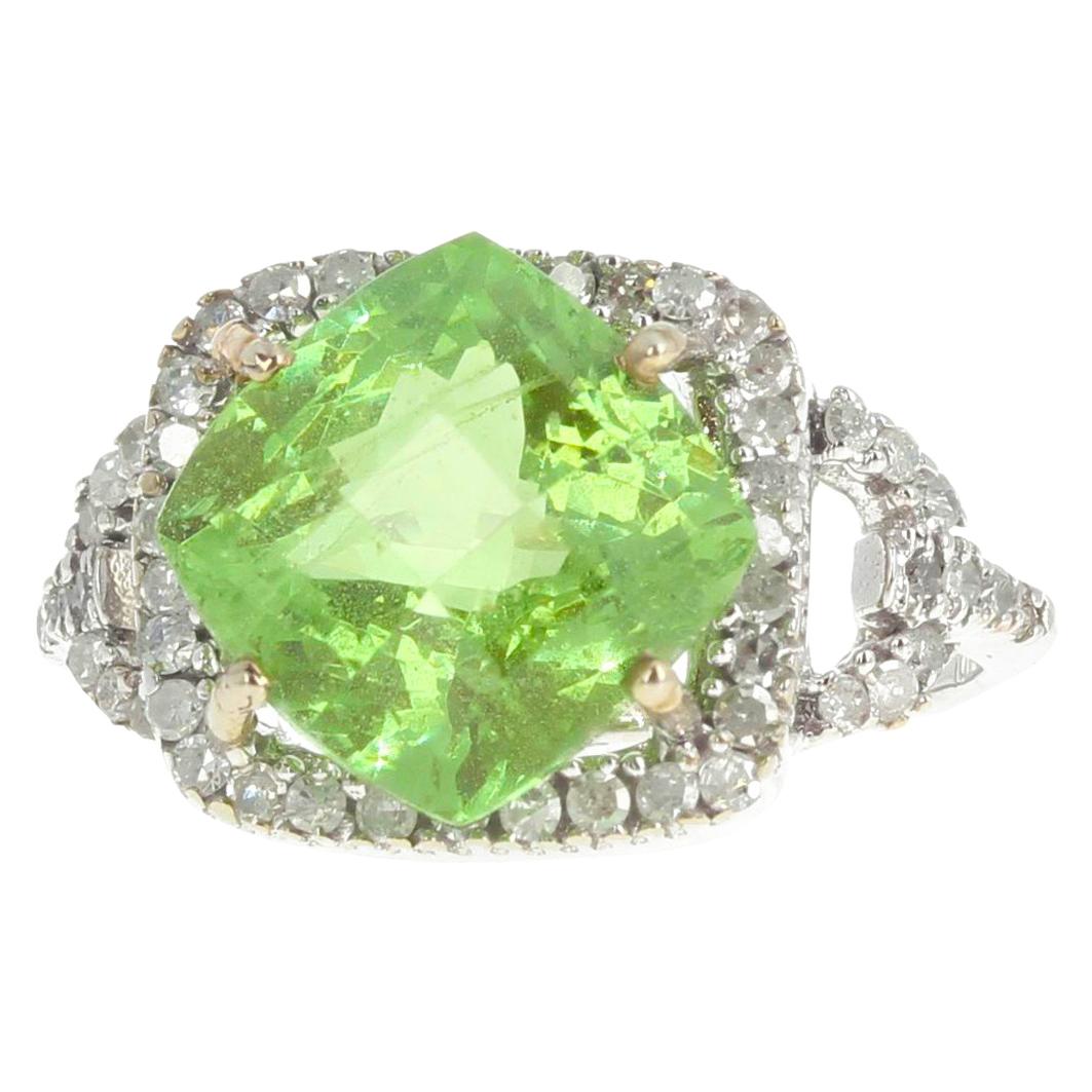 AJD Brilliant Green Tourmaline & Diamonds Unique White Gold Setting Ring For Sale