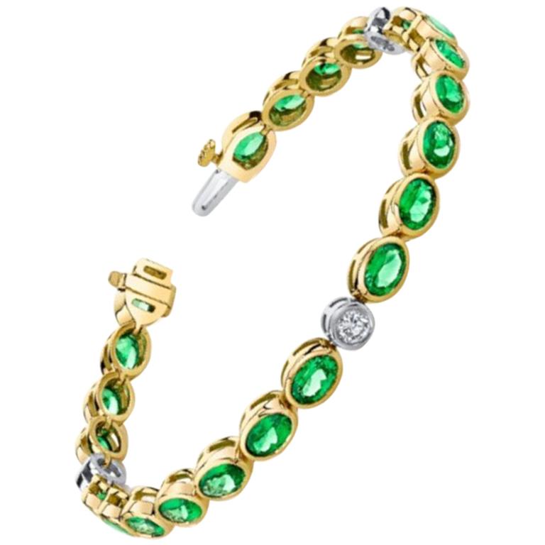 10.06 Carat Total Tsavorite Garnet, Diamond, 2-Toned Gold Bezel Tennis Bracelet