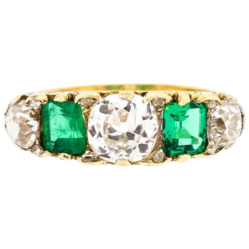 Victorian Five-Stone Diamond Emerald Half Hoop Ring