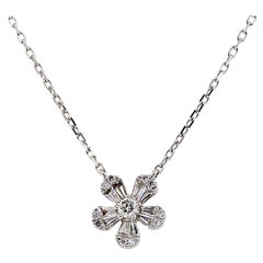 Round Brilliant and Baguette Diamond Flower Pendant on Chain
