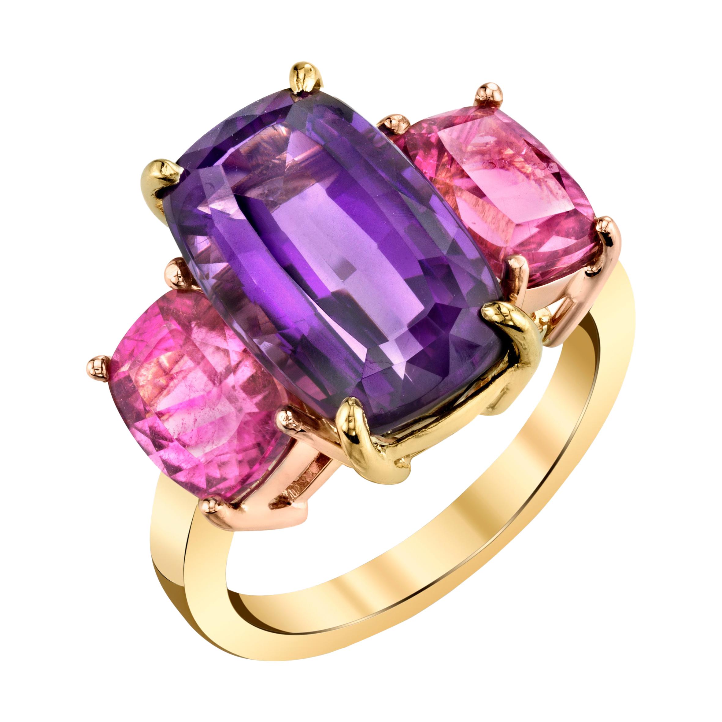 6.32 ct. Amethyst and Pink Tourmaline Three-Stone Ring in Rose and White Gold