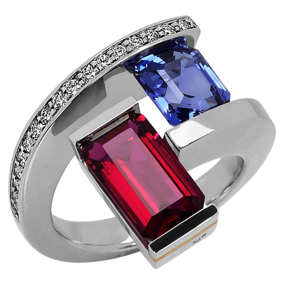 Platinum 2-Stone Helix Ring with Tension-Set Blue Sapphire and Rubellite For Sale