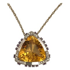 12.45 Carat Citrine Pendant with Diamonds and Amethyst Set in z14 Karat Gold