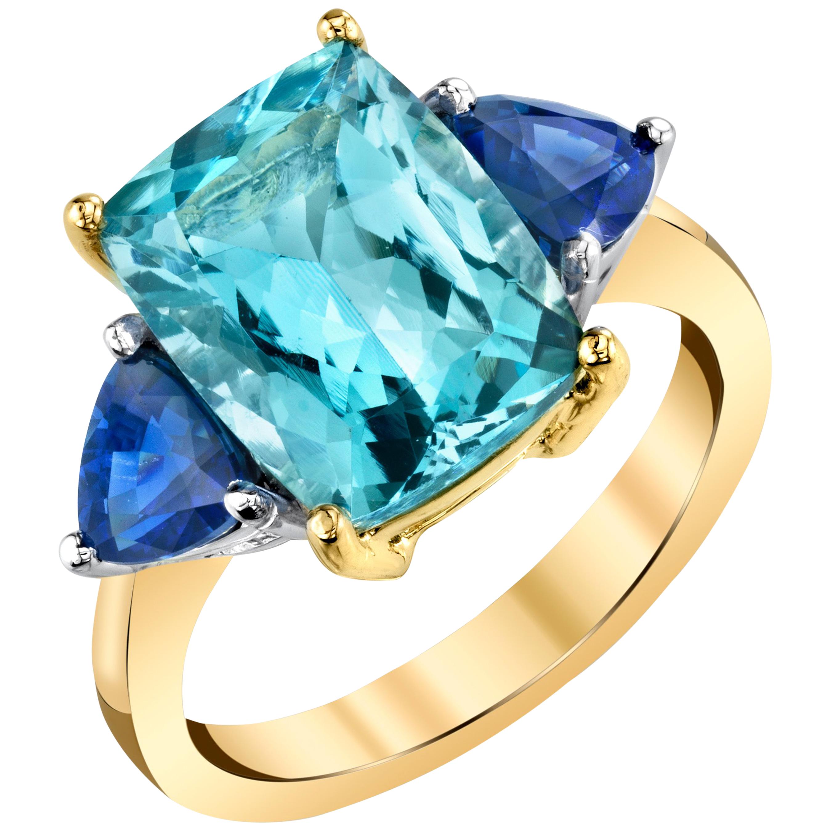 4.65 ct. Aquamarine Cushion, Blue Sapphire Trillion 18k Yellow Gold 3-Stone Ring