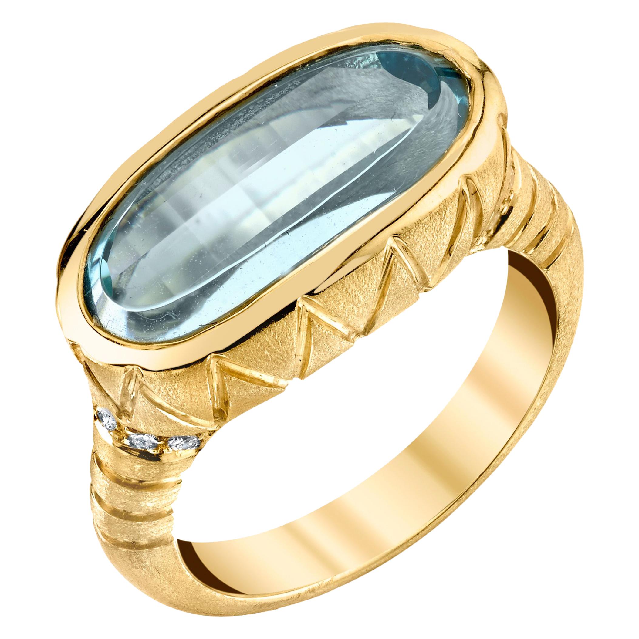 Custom Cut 4.41 Carat Aquamarine Ring, 18 Karat Yellow Gold