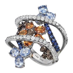 18 Karat White Gold Flower Ring Set with Colorful Diamonds and Sapphires New 18 Karat White Gold Flower Ring Set with Colorful Diamonds and Sapphires New