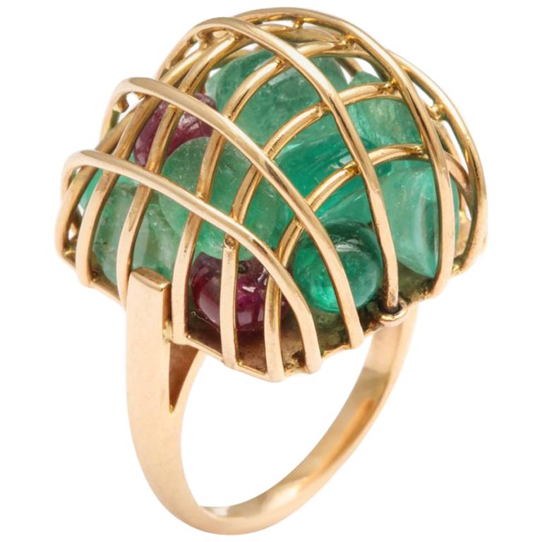 Gold Caged Gemstone Ring with Emeralds and Rubies
