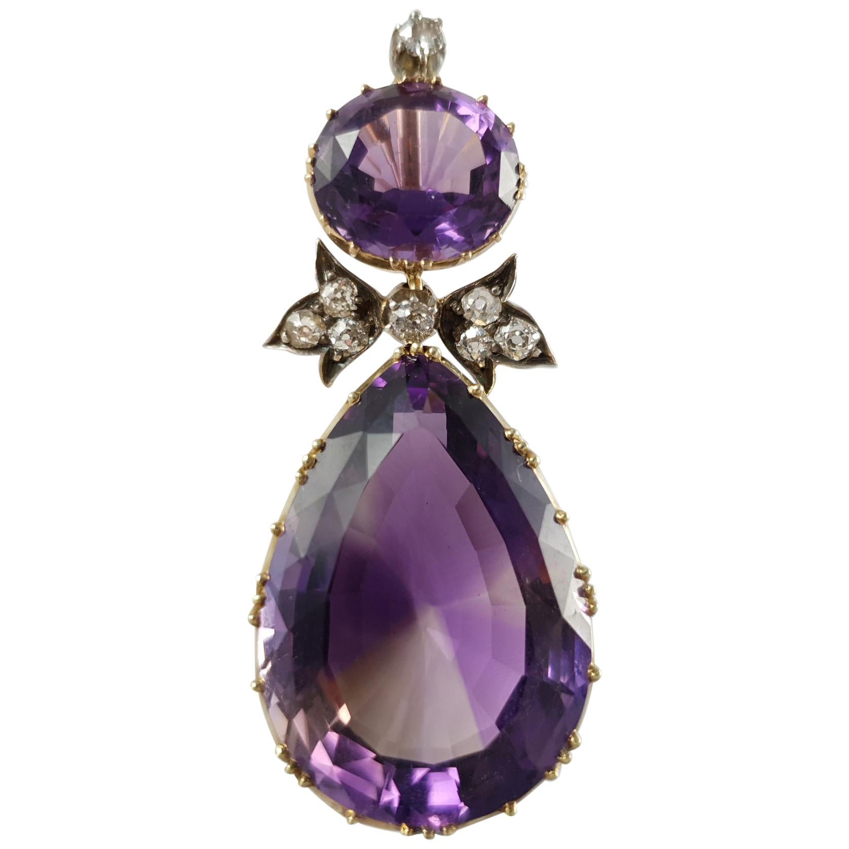 Victorian Yellow Gold, Silver, Amethyst and Diamond Drop Pendant