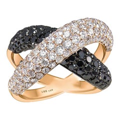 Crisscross Black and White Diamond Ring Pave Set in 18 Karat Yellow Gold Sale