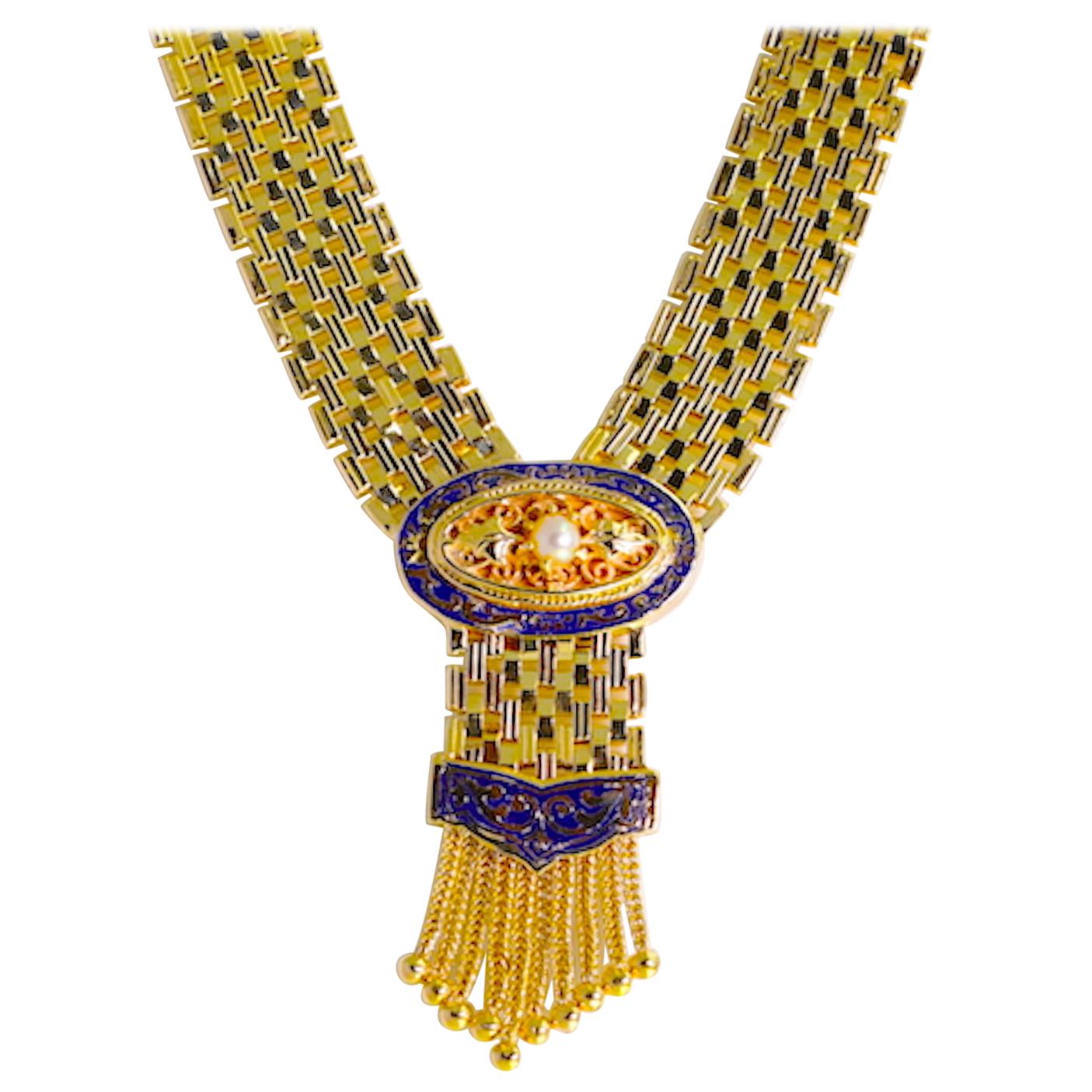 Antique Victorian Panther Link Pearl Enamel Necklace 14 Karat Gold 79.60 Grams For Sale