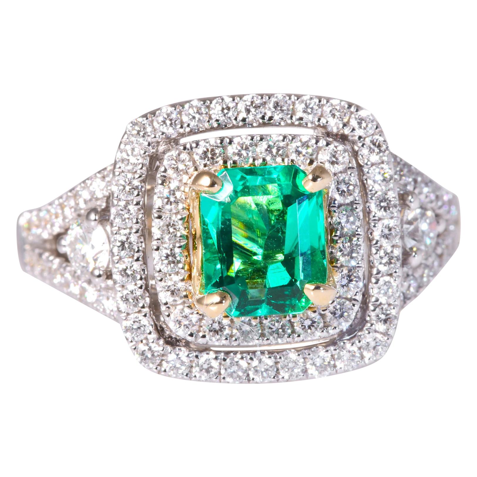 Natural Emerald 1.14 & Natural Diamond .87 Emerald Cut Halo White Gold 14K Ring