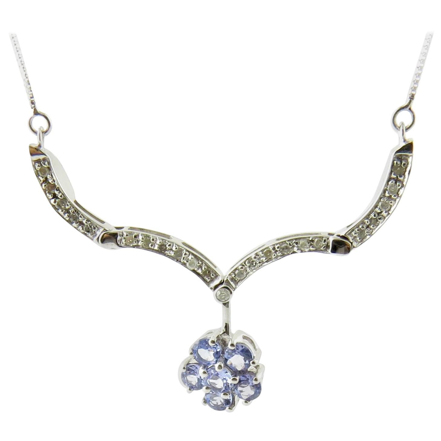10 Karat White Gold Genuine Tanzanite and Diamond Pendant Necklace