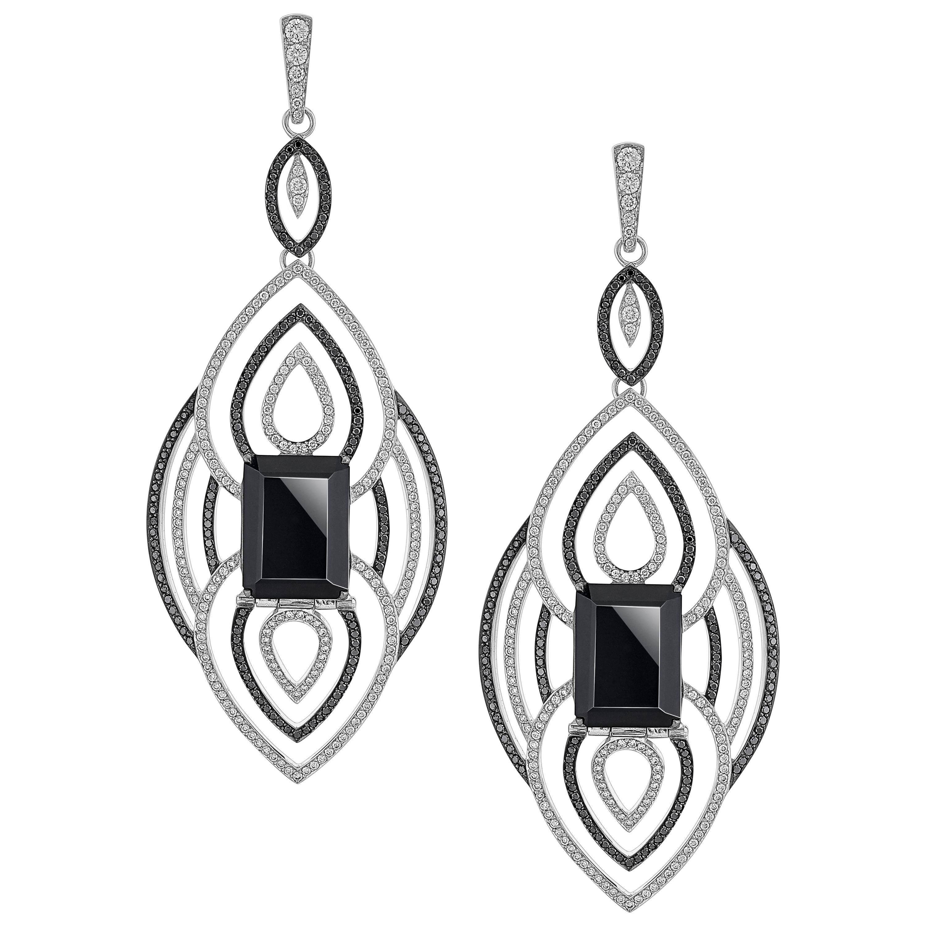 12.70 Carats Black Onyx Earrings With Black and White Diamonds in 18k