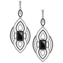 12.70 Carats Black Onyx Earrings With Black and White Diamonds in 18k White Gold