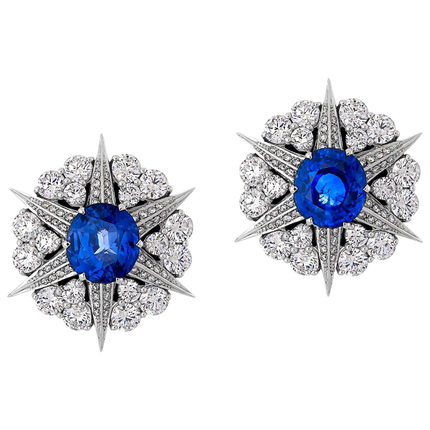 4.25 Carat Ceylon Blue Sapphire and Diamond Star Cluster Studs In 18k White Gold