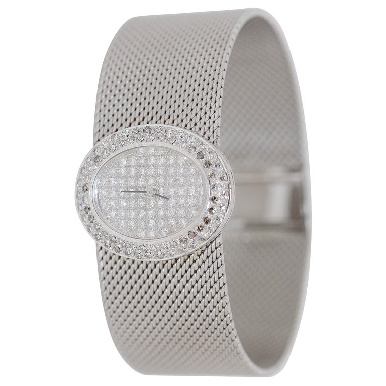 Wide and Heavy Ladies Diamond Wristwatch, 14 Karat White Gold For Sale