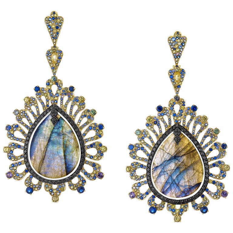 55.76 Carat Labradorite Colored Sapphire and Black Diamond Earring For ...