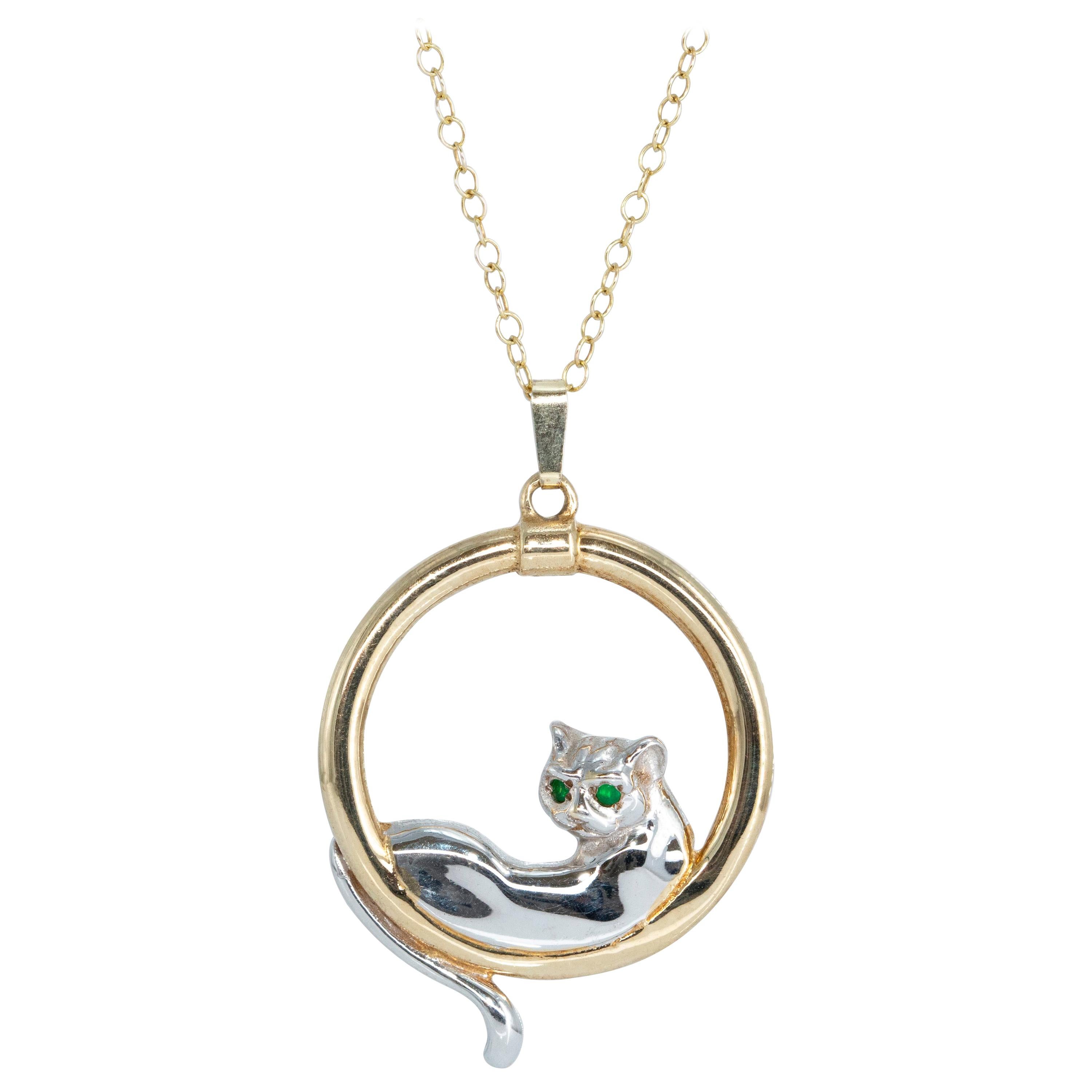 Solid 9K Gold Cat Pendant with Emerald eyes For Sale