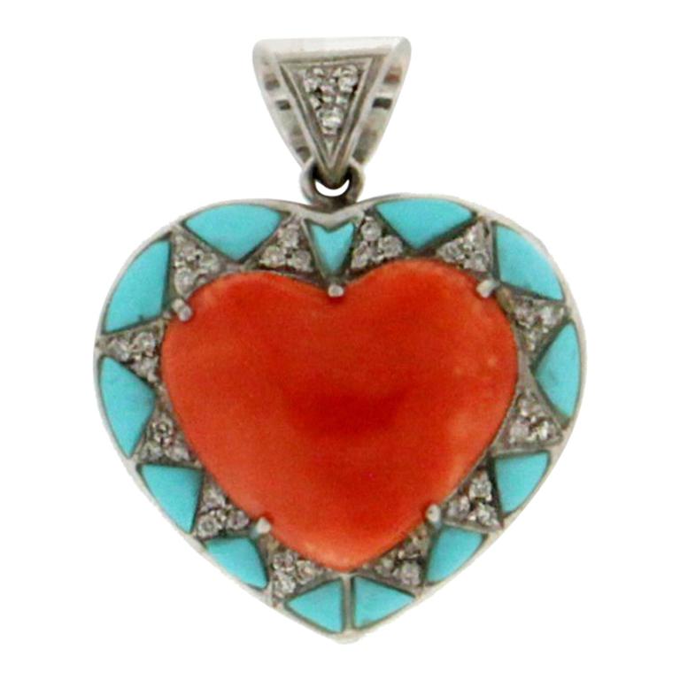 Coral Heart 18 Karat White Gold Turquoise Diamonds Pendant Necklace