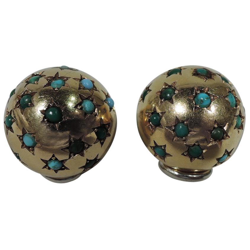 Pair of American 18 Karat Gold and Turquoise Starburst Ball Clip-On Earrings