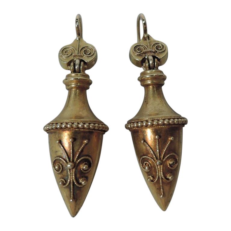 Pair of Antique English Etruscan Revival 15 Karat Gold Drop Urn Earrings