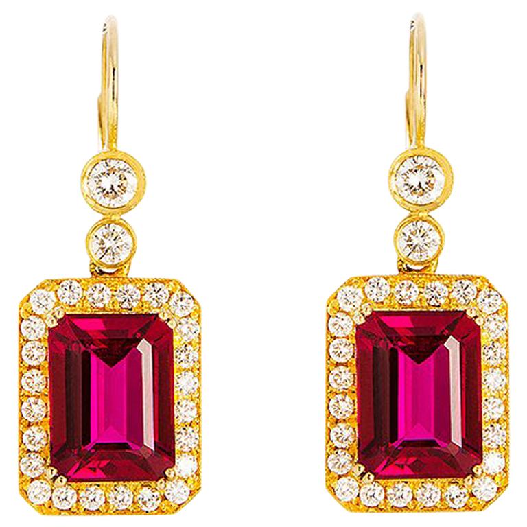 24 Karat Handcrafted Octagon Rubellite and Diamond Earrings For Sale