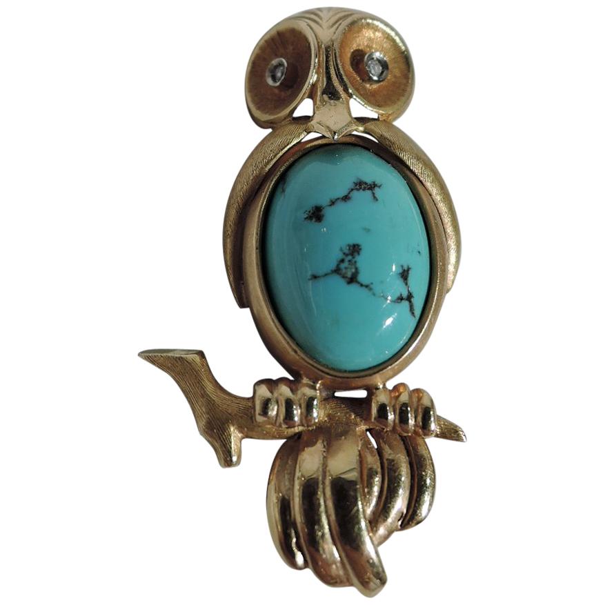 Delightful American 18 Karat Gold and Turquoise Sage and Serene Owl Pin For Sale