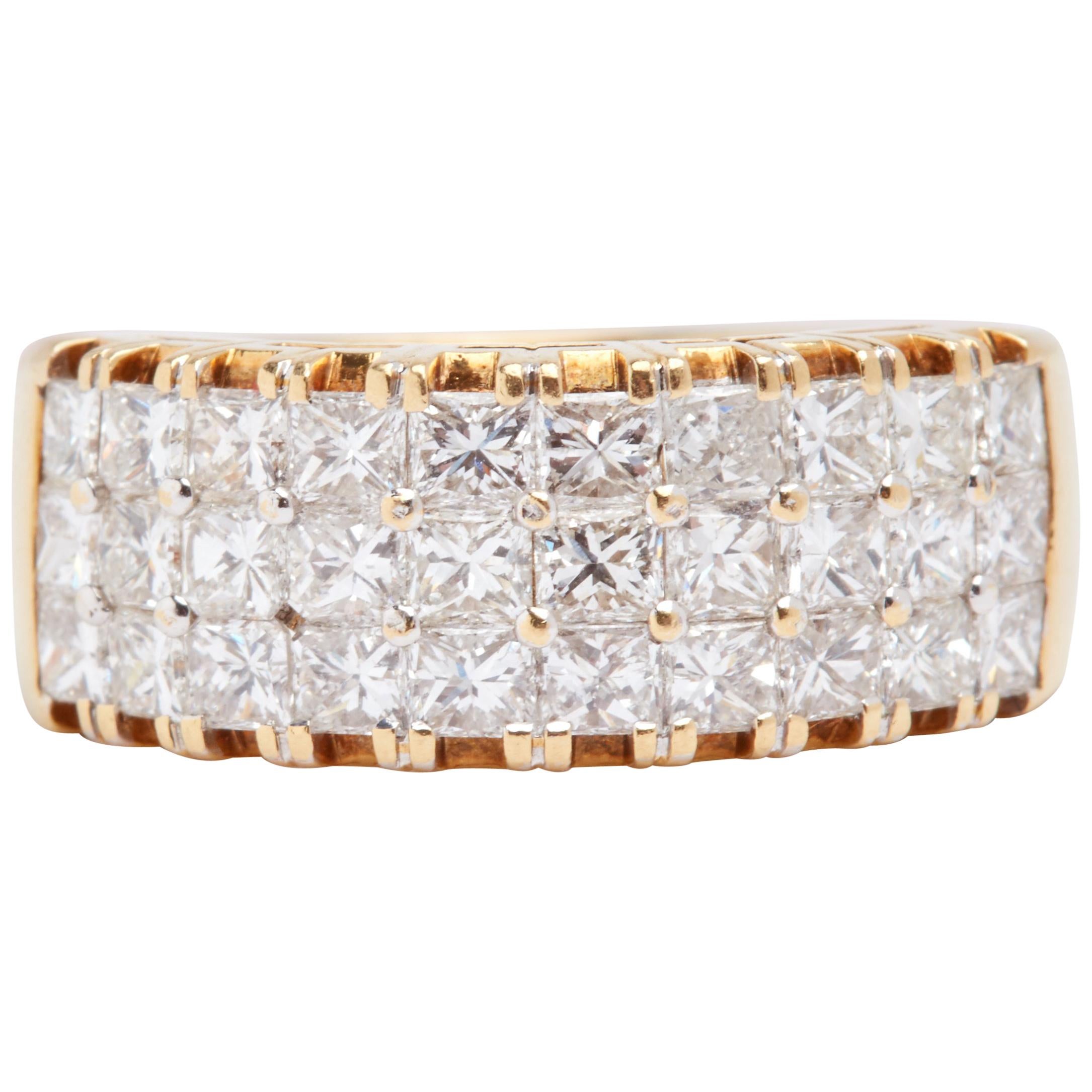 18 Karat Yellow Gold 3-Row Diamond Ring