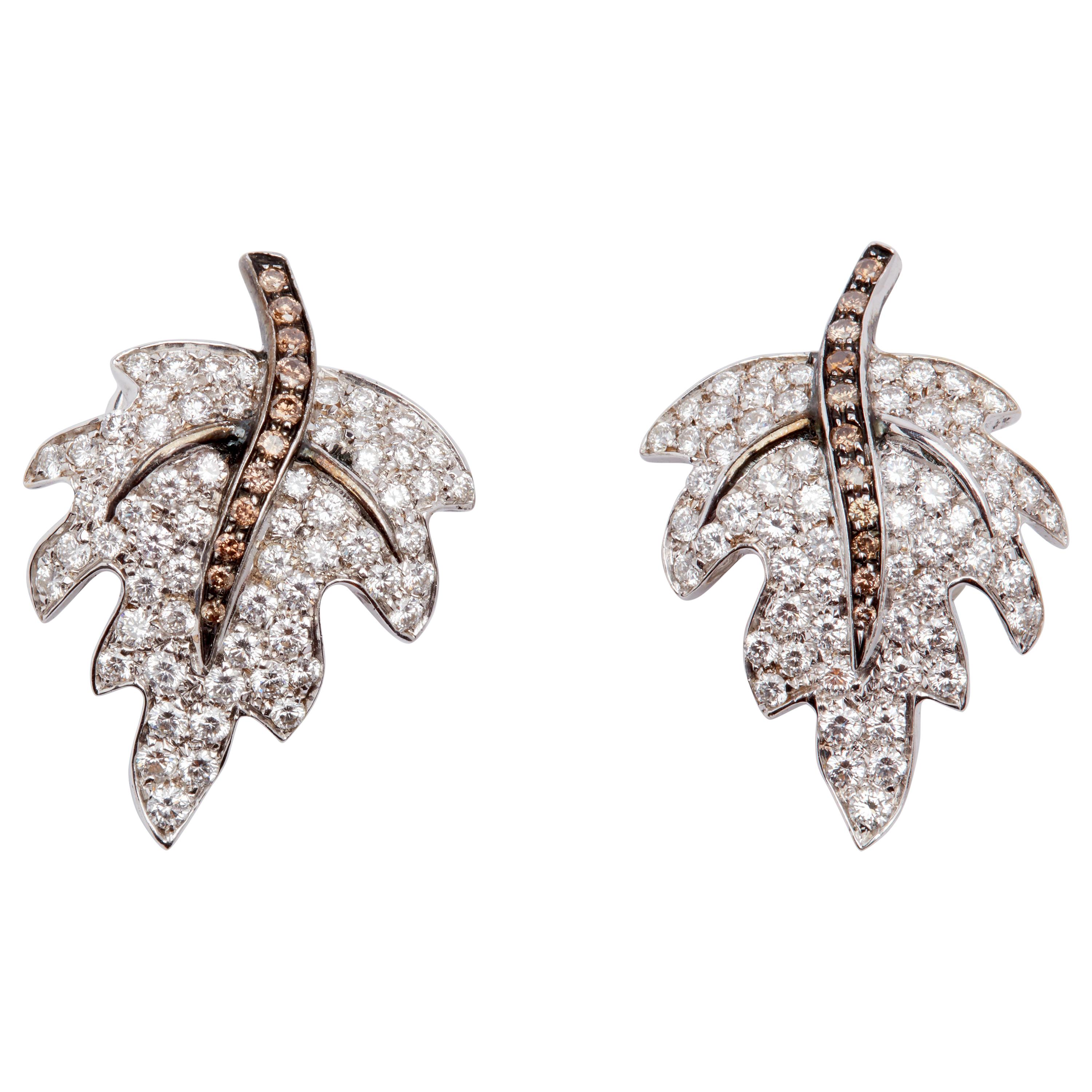 18 Karat White Gold Leaf Earring with White and Brown Diamonds