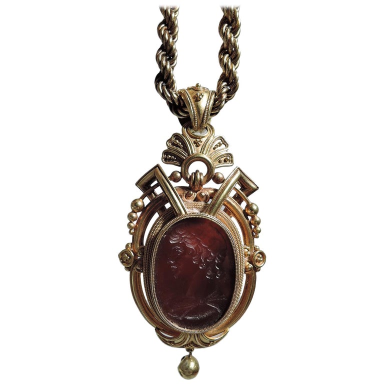 Antique Etruscan Revival 18 Karat Gold Locket and Chain with Agate ...