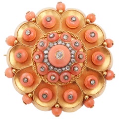 Early 1900s Gold, Coral and Diamond Brooch