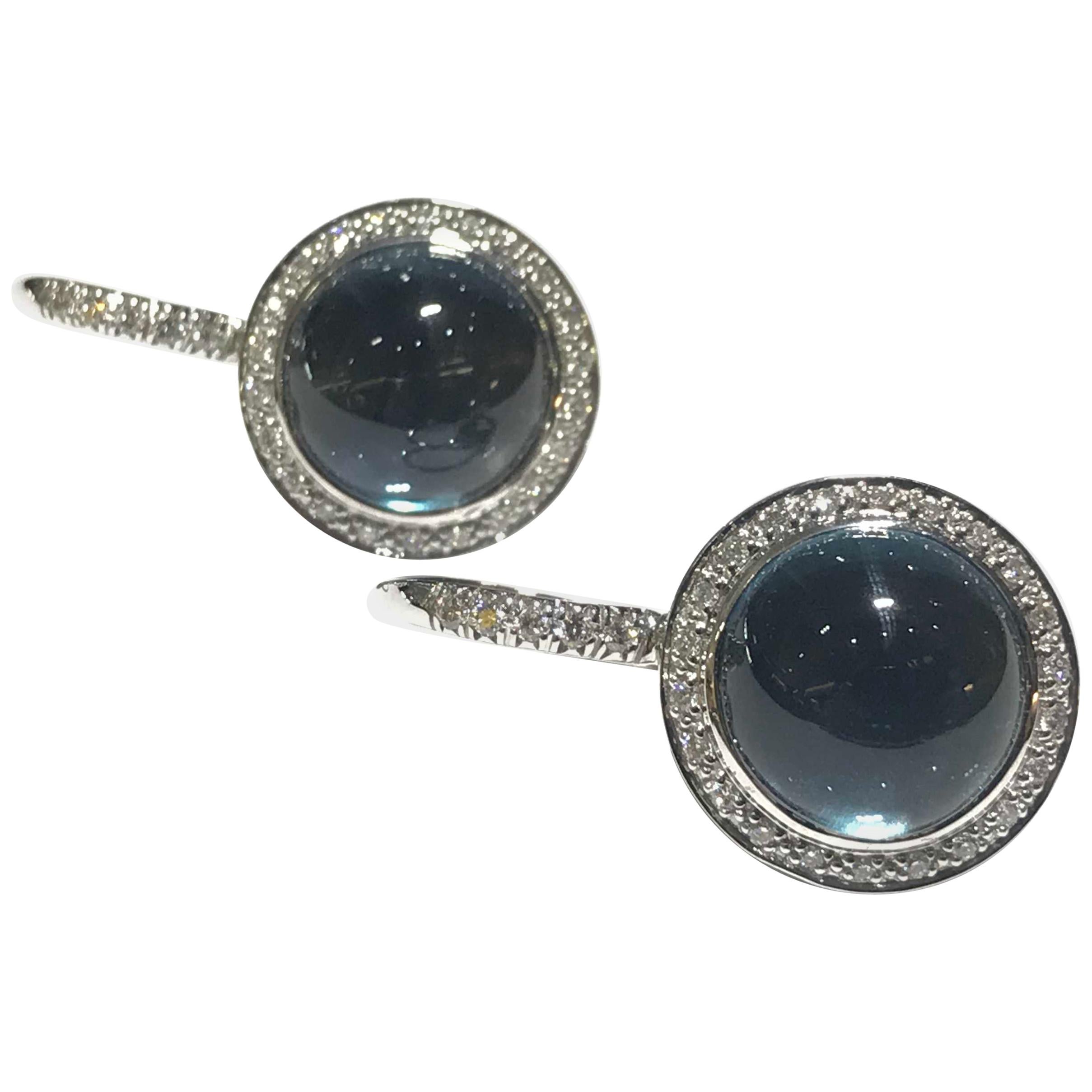Mimi Shan Earrings in London Blue Topaz with Diamond Halo Drop Earrings For Sale
