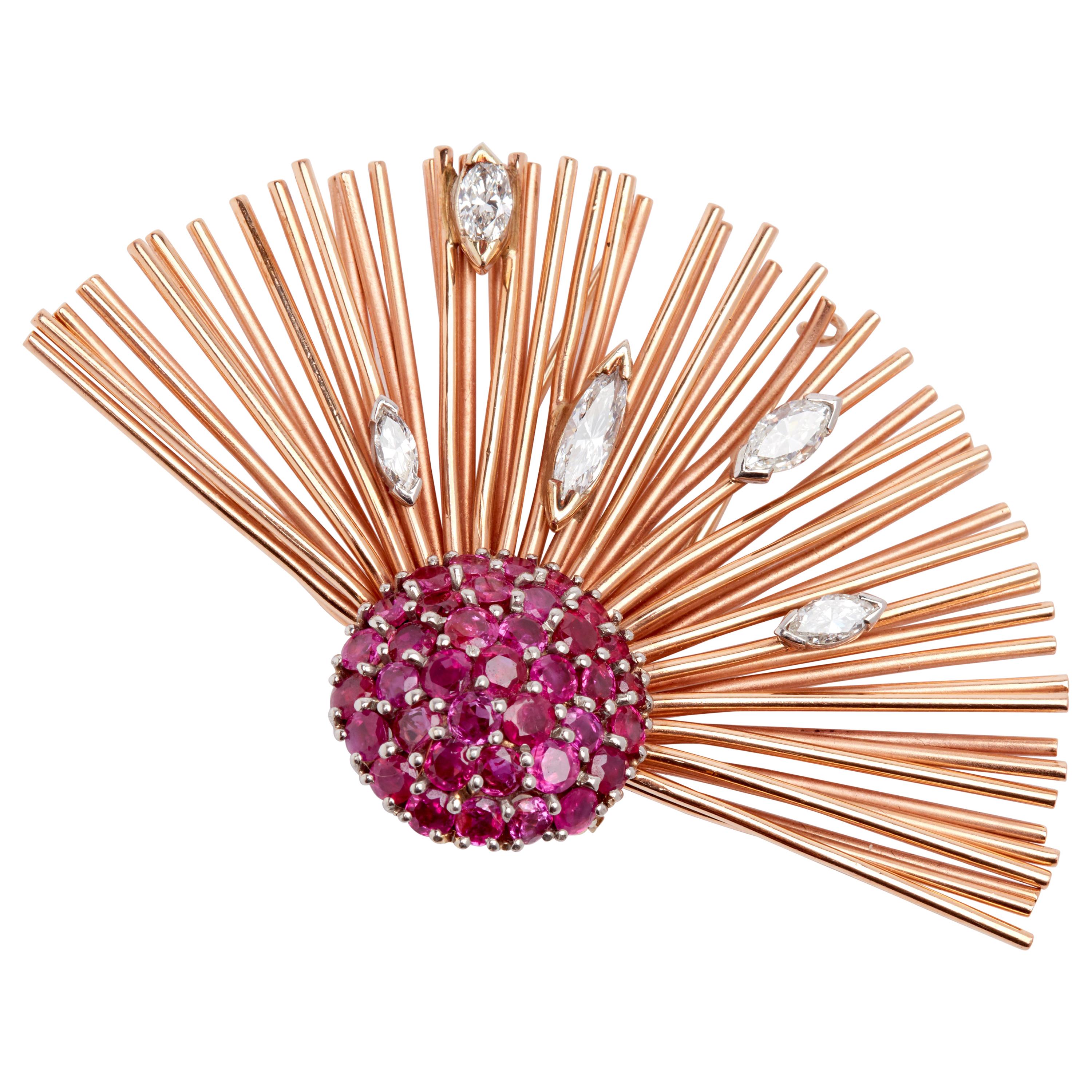 Rose Gold Ruby and Diamond Brooch