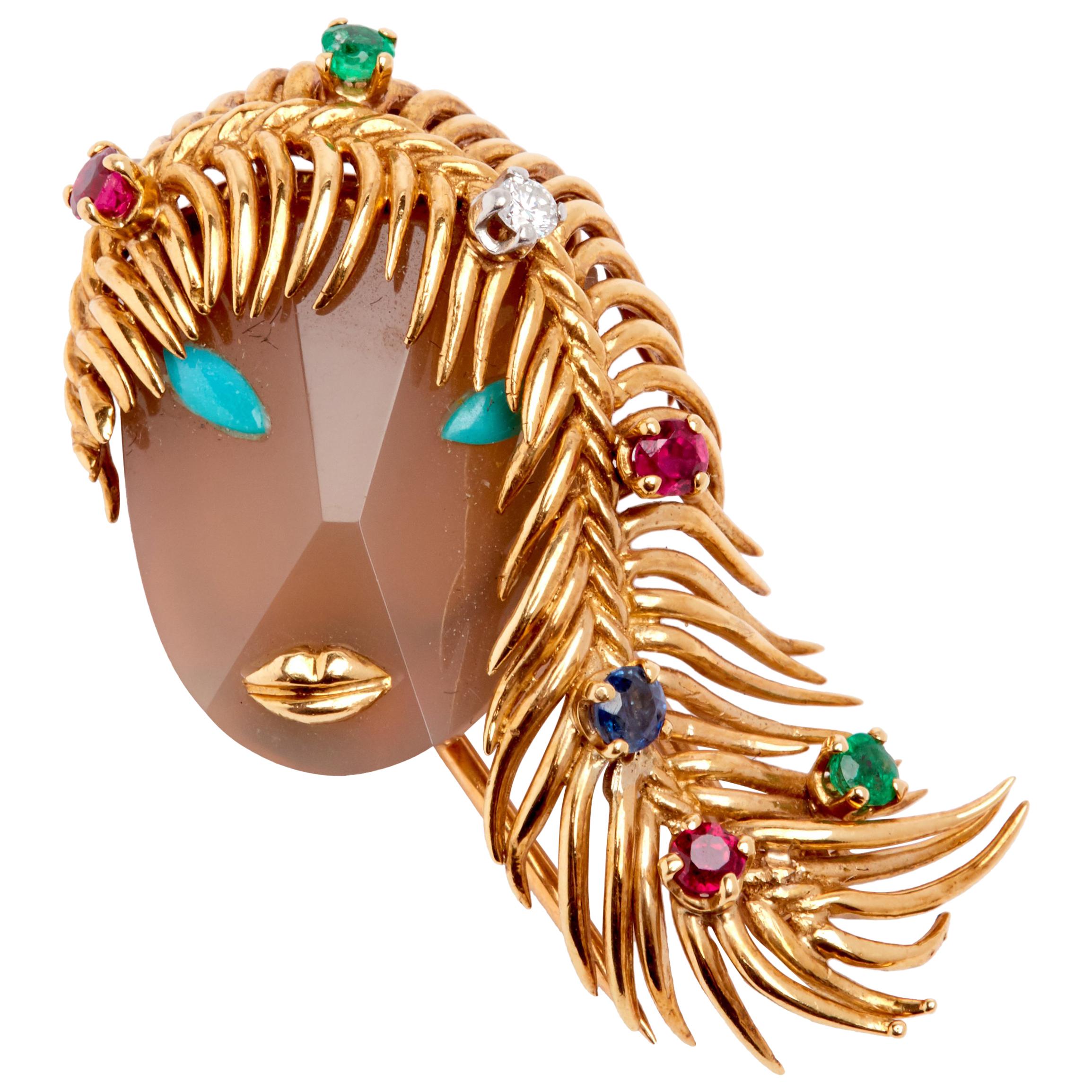 Ladies Face 18 Karat YG Ruby, Sapphire and Emerald Hardstone Turquoise Brooch