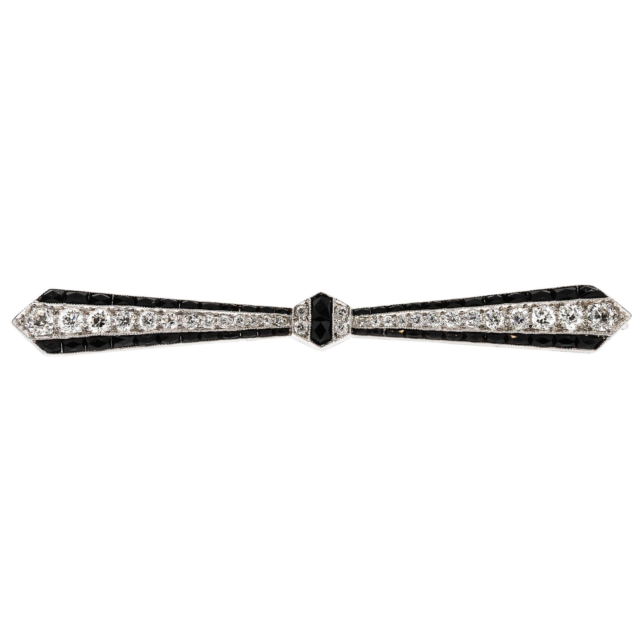 Antique Cartier Art Deco Platinum Onyx Diamond Bow Pin