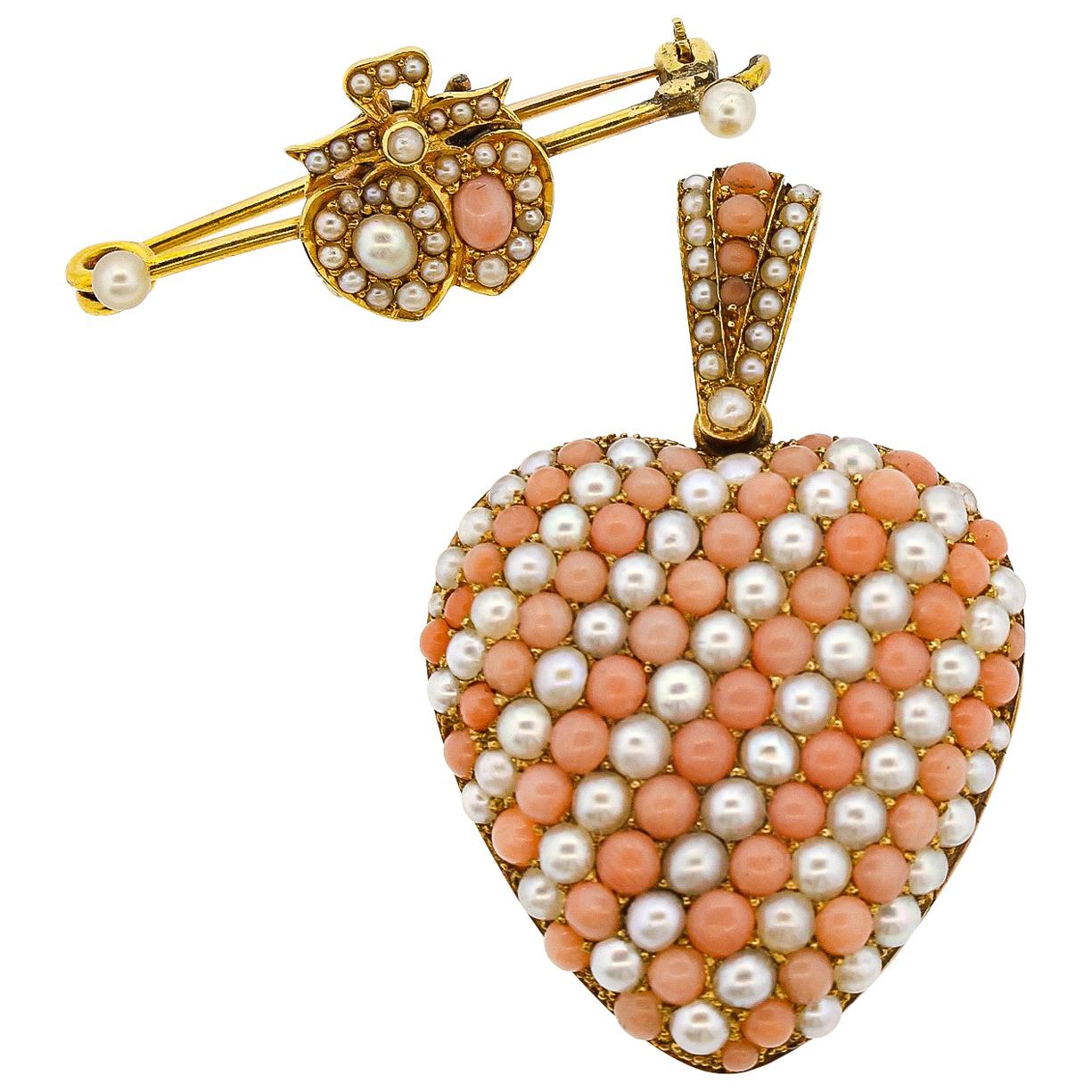 Antique Victorian 18 Karat Gold Coral Pearl Heart Locket Pendant Pin