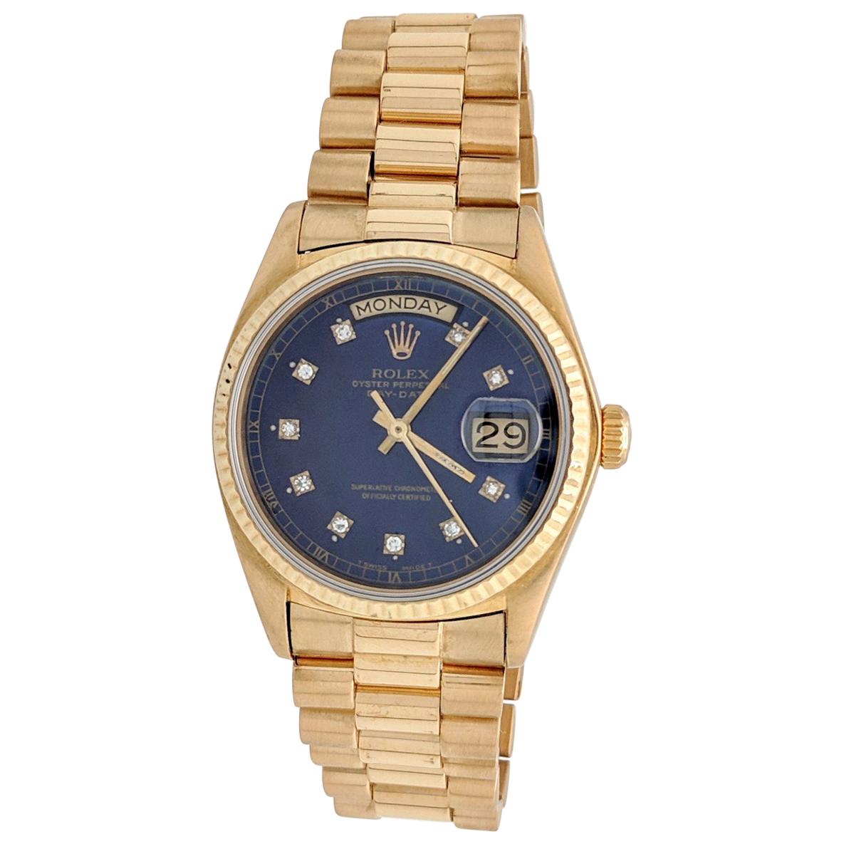 Rolex President Day-Date 18 Karat Gold Blue Diamond Dial Men's Watch 18038