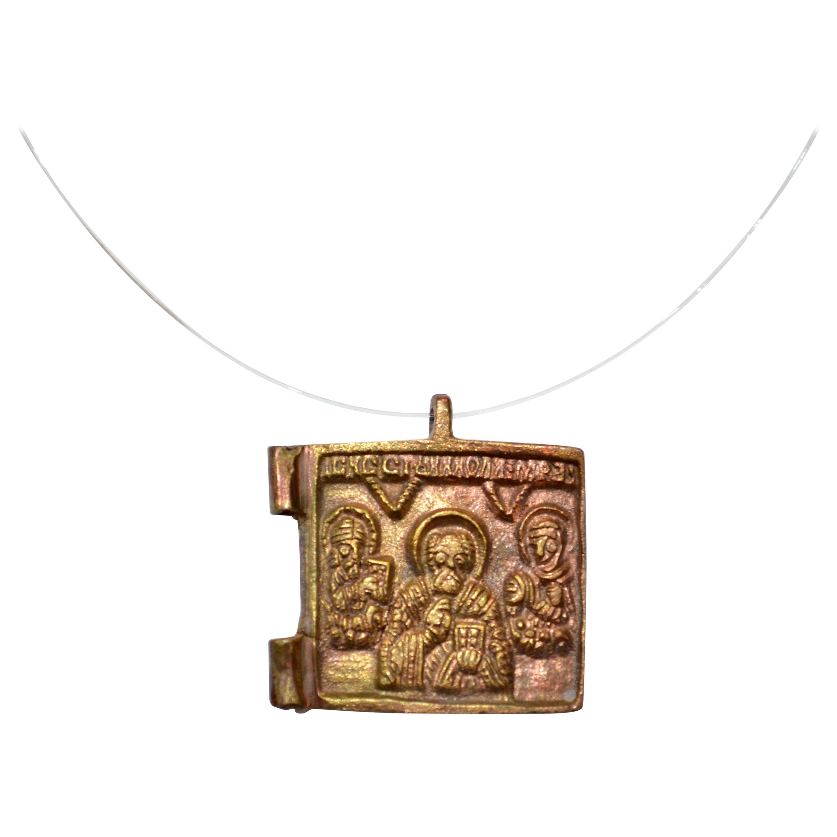 Late Medieval Bronze Icon Pendant with 3 Saints