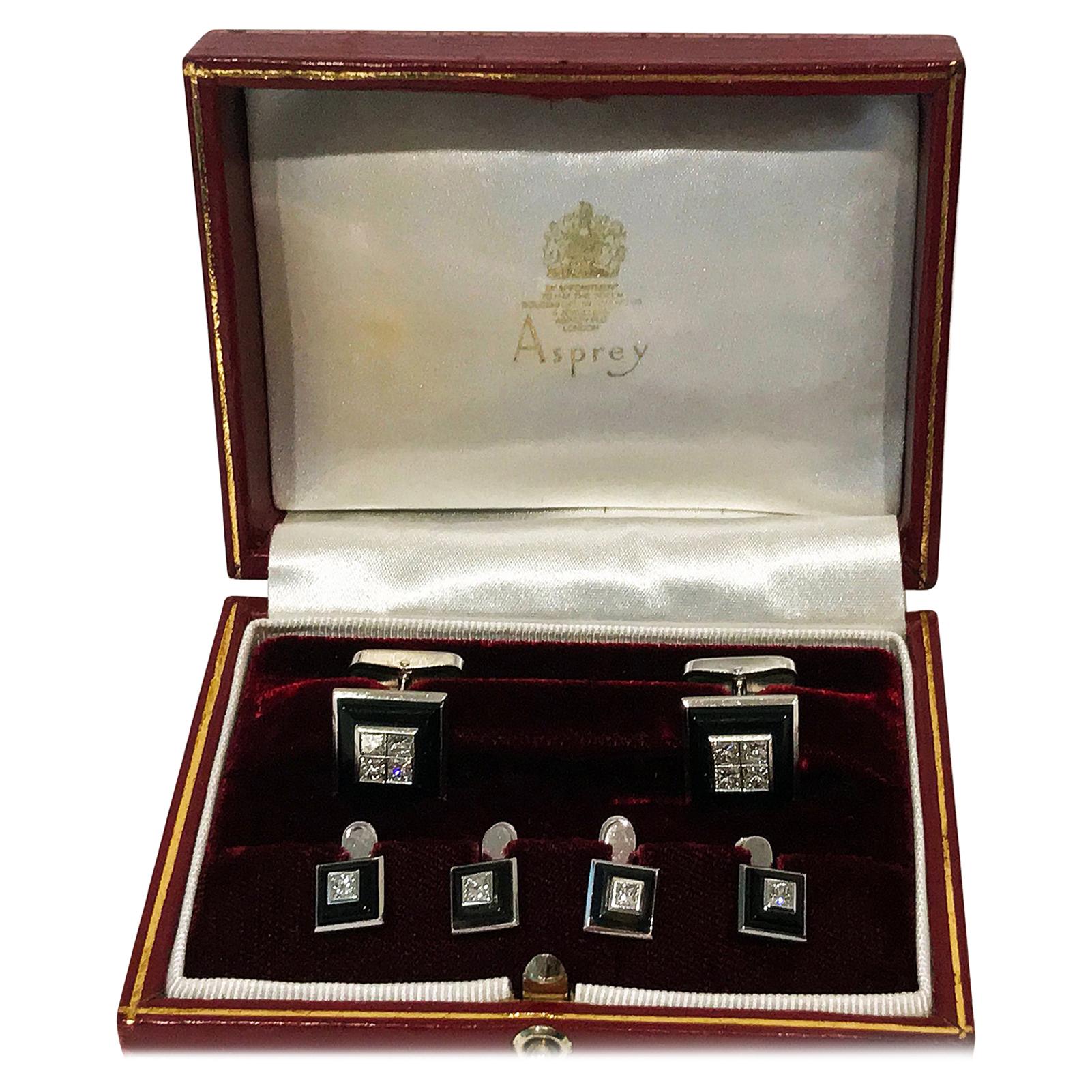 Asprey 18 Karat Onyx Diamond Tuxedo Studs Set