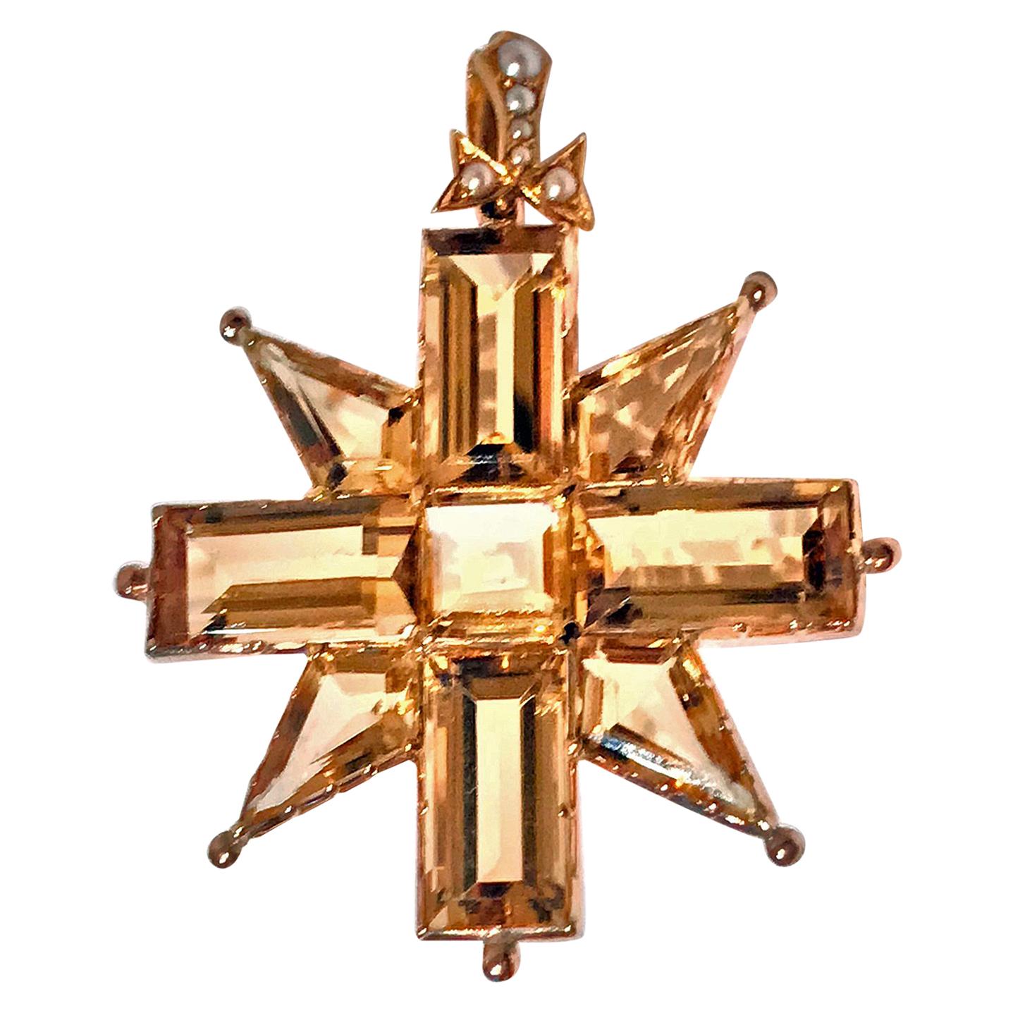 Antique Gold Citrine Maltese Cross Pendant Brooch, circa 1900