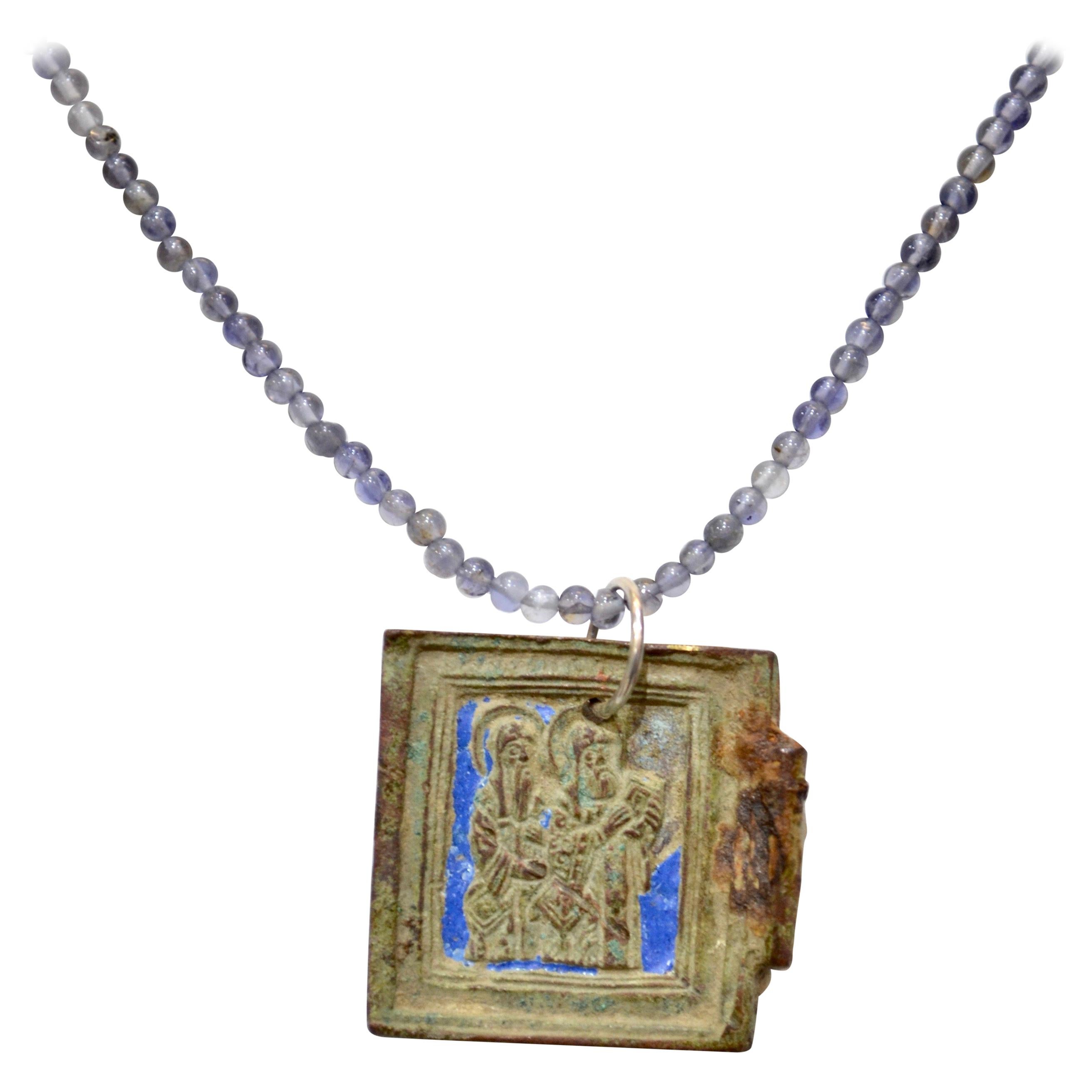 Late Medieval Enameled Bronze Icon Pendant with Saints