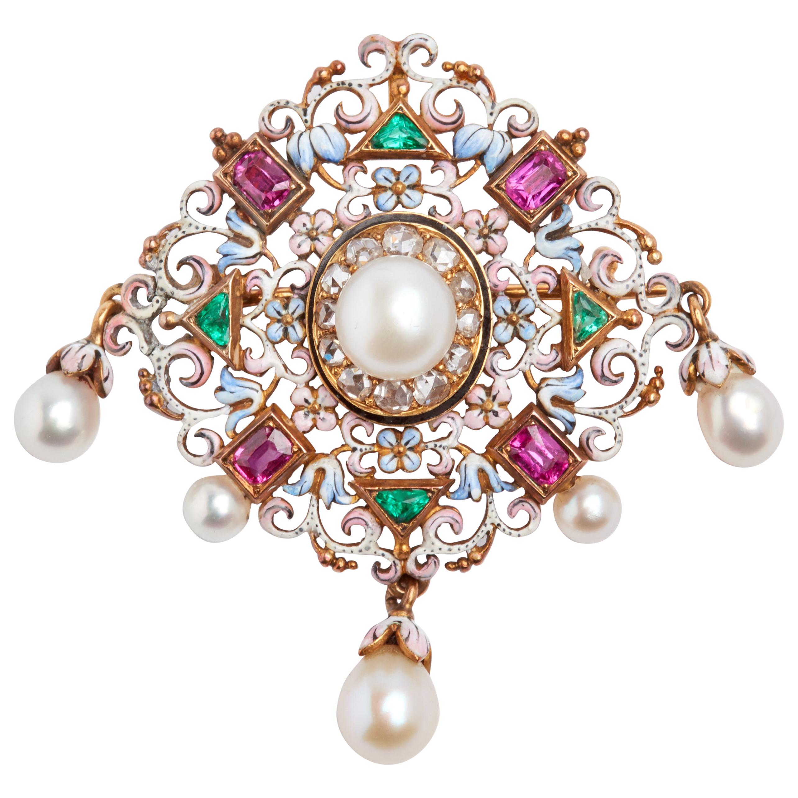 Natural Pearl, Ruby, Emerald and Enamel Pendant/Brooch