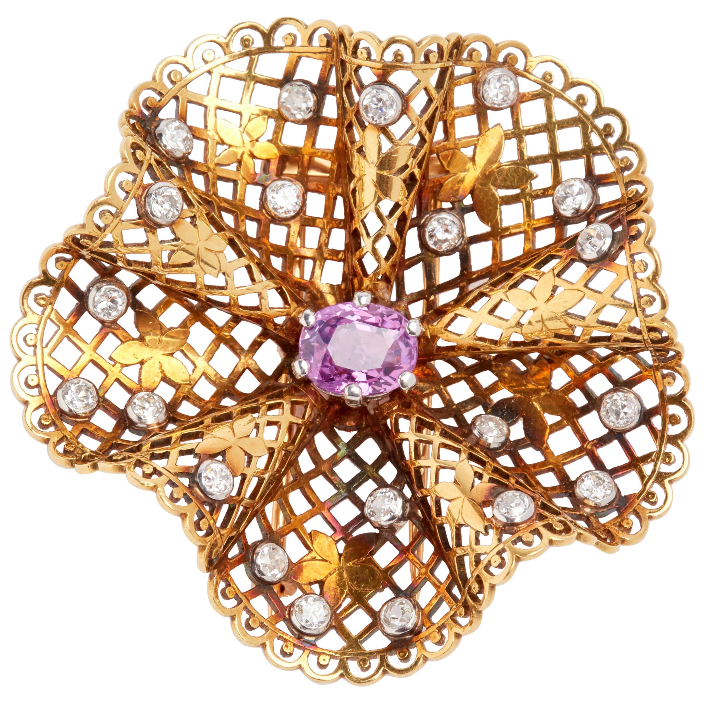 Gold Filligree Brooch with Pink Sapphire and Diamonds