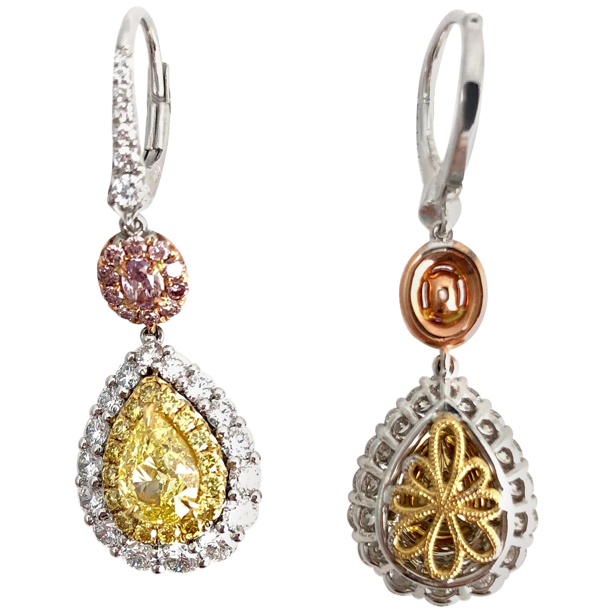 GIA Certified Fancy Yellow Radiant Cut Diamonds and Yellow Gold Drop Earrings For Sale at 1stDibs